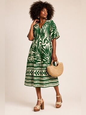 LALOPOGEE NWT Green White Tropical Print Cotton Midi Dress Boho Women’s Large